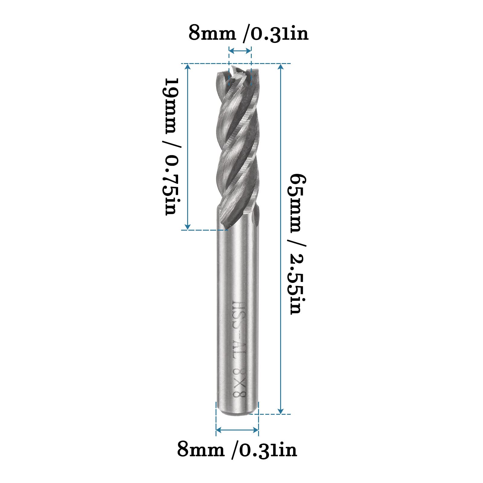 QUARKZMAN 8mm Embout Carré Mills x 2PCS Haute Vitesse Acier 4 Flûtes Fraisage Fraises pour Rainure Usinage, [8mm Tige, 65mm Longueur]