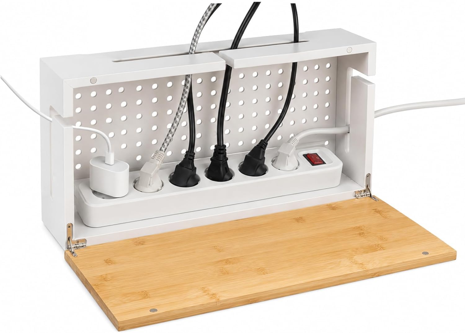 Caja de gestión de Cables de bambú 41×20×11 cm – Tapa magnética – Organizador de Cables con Kit para Montaje en Pared – Caja ocultacables para Escritorio y Zona TV (Blanco L)