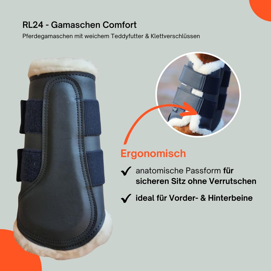 RL24 - Gamaschen Comfort – Pferdegamaschen mit weichem Teddyfutter & Klettverschlüssen – anatomisch geformt & stoßabsorbierend – Gamaschen für Pferde in dunkelblau – Größe L