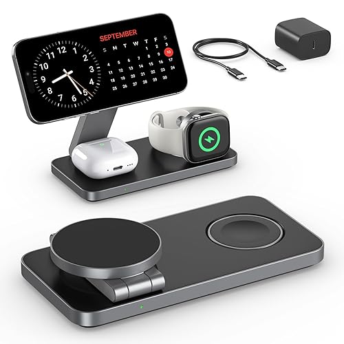 EXW 3 in 1 Magnetic Wireless Charging Station,Fast Wireless Charger for iphone 17/16/15/14/13/12,Charging Station for Apple Watch and AirPods(20W Adapter Included) Black - Black