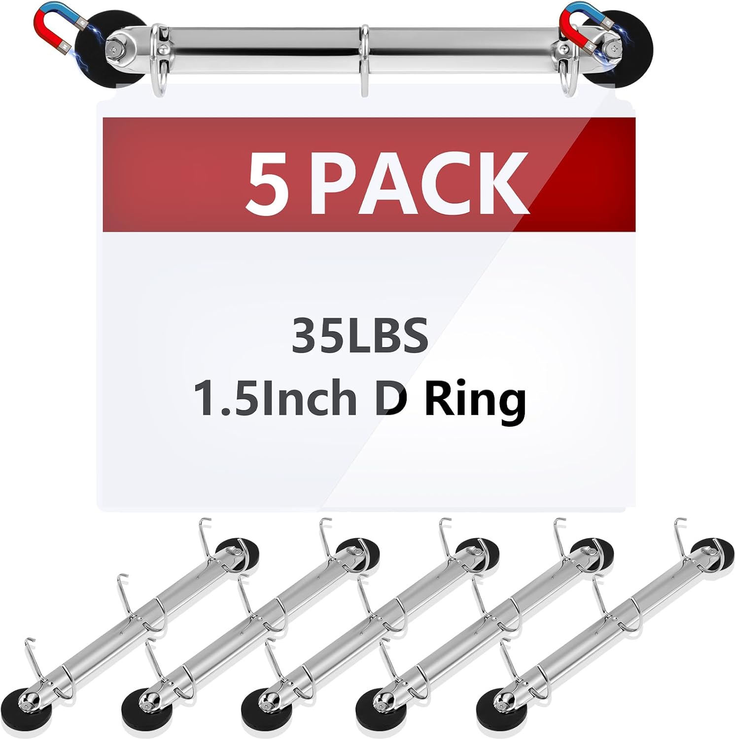 5 Pack 3 Ring Binder Mechanism 1.5 Inch Hanging Binder Rings for 8.5 x 11 Inch Sheets, Magnetic D Rings