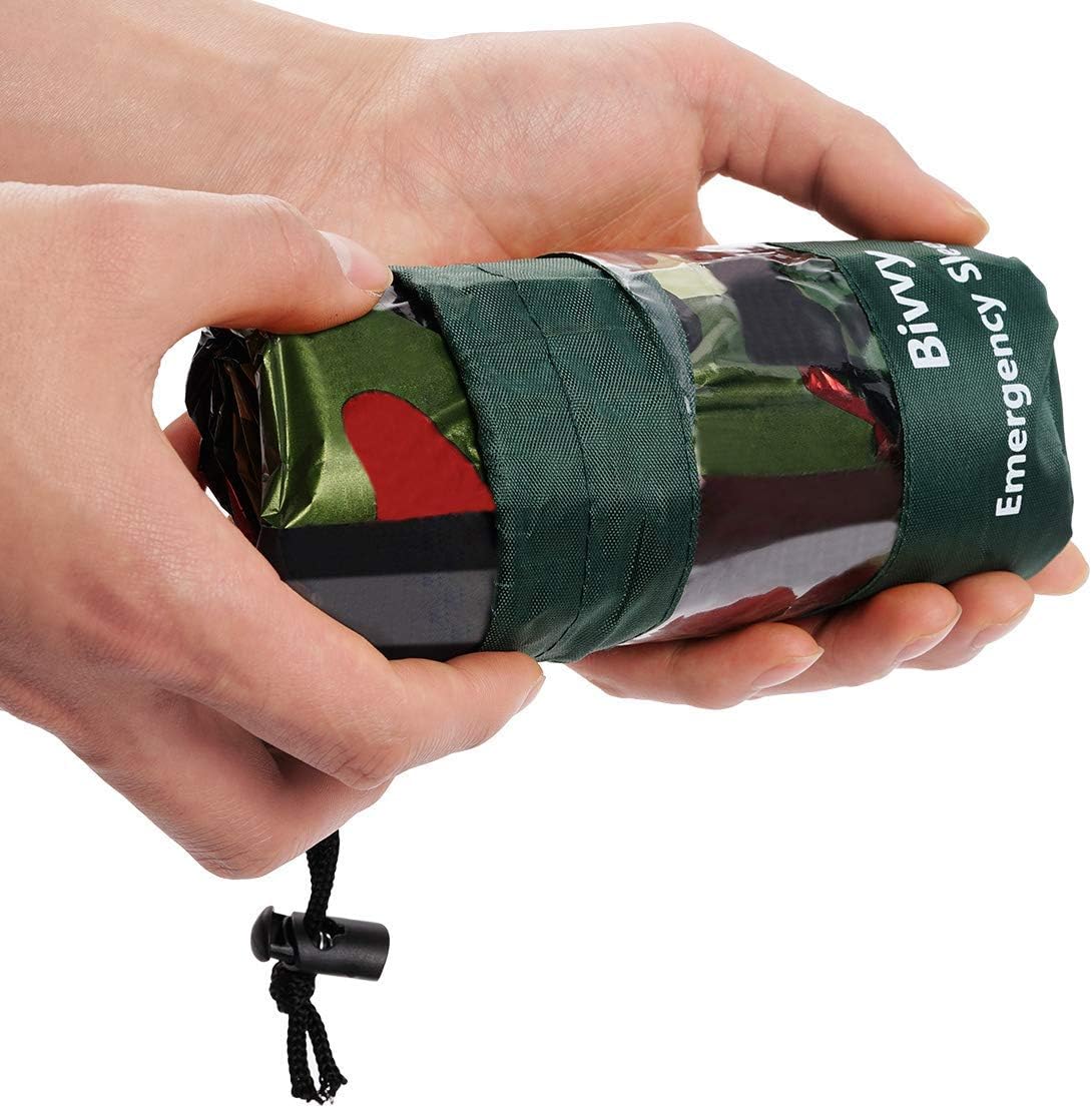 JYSW Lightweight Waterproof Emergency Survival Sleeping Bag PE Bivy Sack Thermal Emergency Blanket with Portable Drawstring Bag + Whistle + Carabiner (Camouflage-2 Packs): Sports & Outdoors