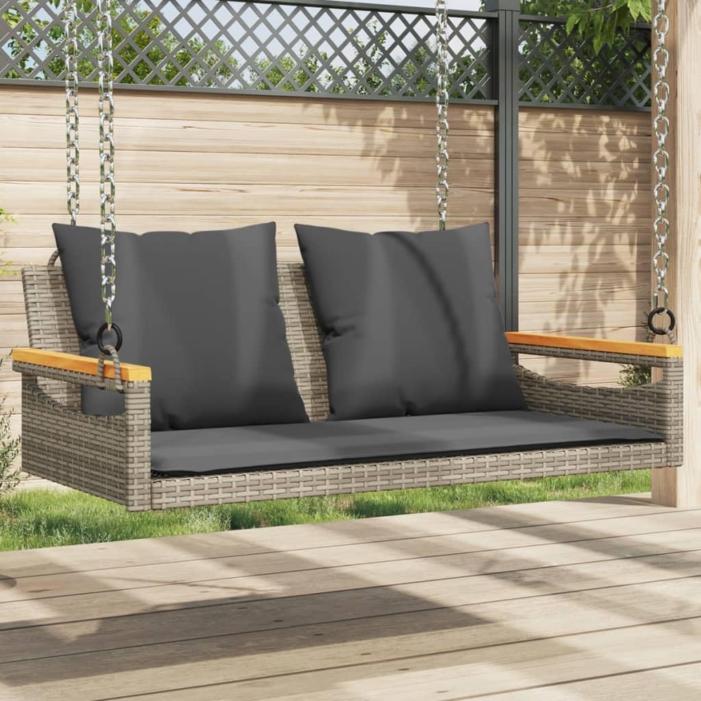 Gecheer Panchina Dondolo in Polyrattan Grigia 109x62x40 cm con Cuscini, Funzione Oscillante, Struttura in Acciaio Verniciato e Legno di Acacia, per Giardino Esterno
