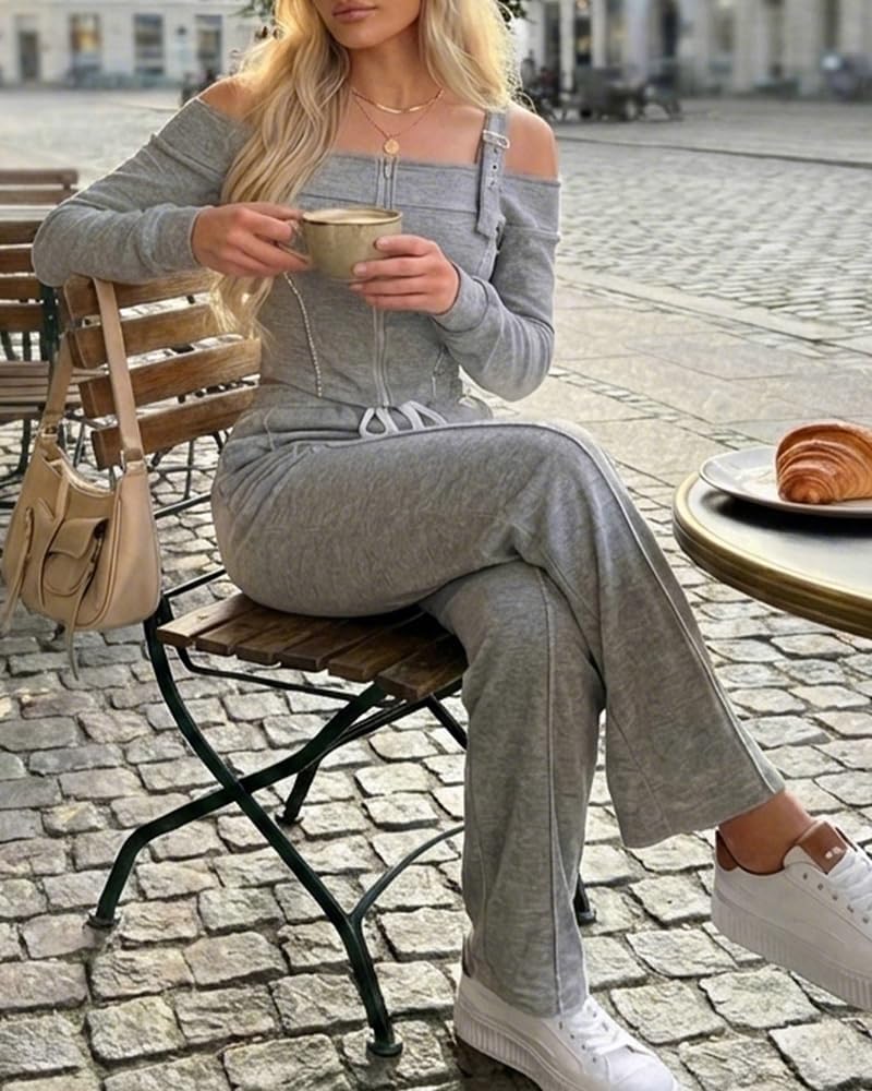 CHICME Two Pieces Sets for Women Spring Cold Shoulder Long Sleeve Tops Wide Leg Pants Matching Lounge Sets Airport Outfit - Image 4