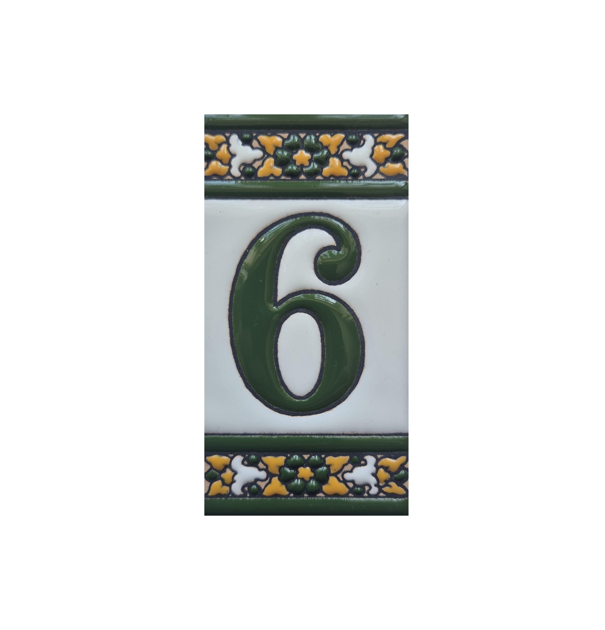 Sevillia Green, hand-painted ceramic house number tiles measuring 11 × 5.5 cm. (Number 6 tile)