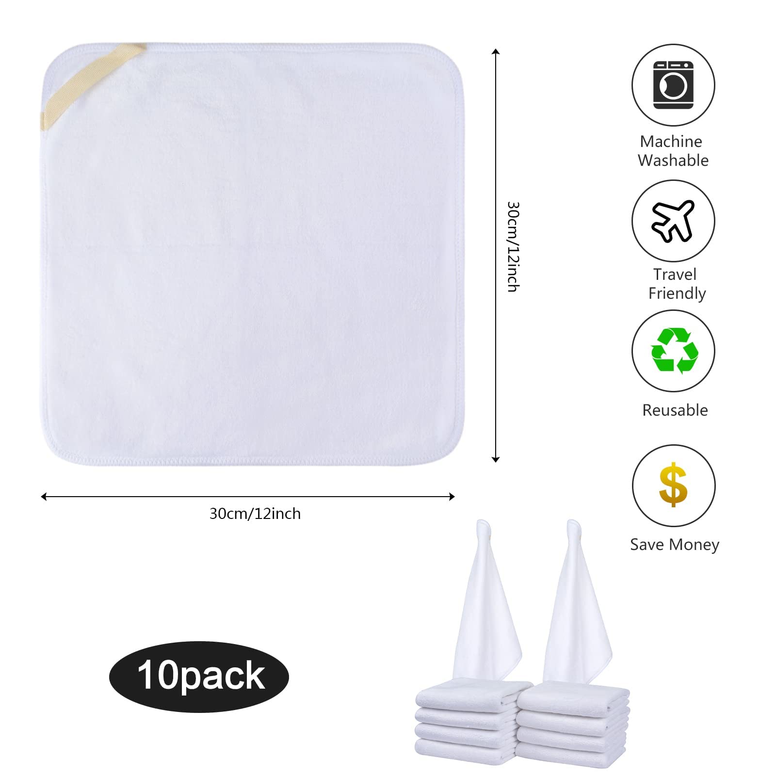 Sinland Paquete de 10 paños faciales de Microfibra de Secado rápido, Reutilizables, Almohadillas desmaquillantes súper Suaves, 12 x 12 Pulgadas, Color Blanco