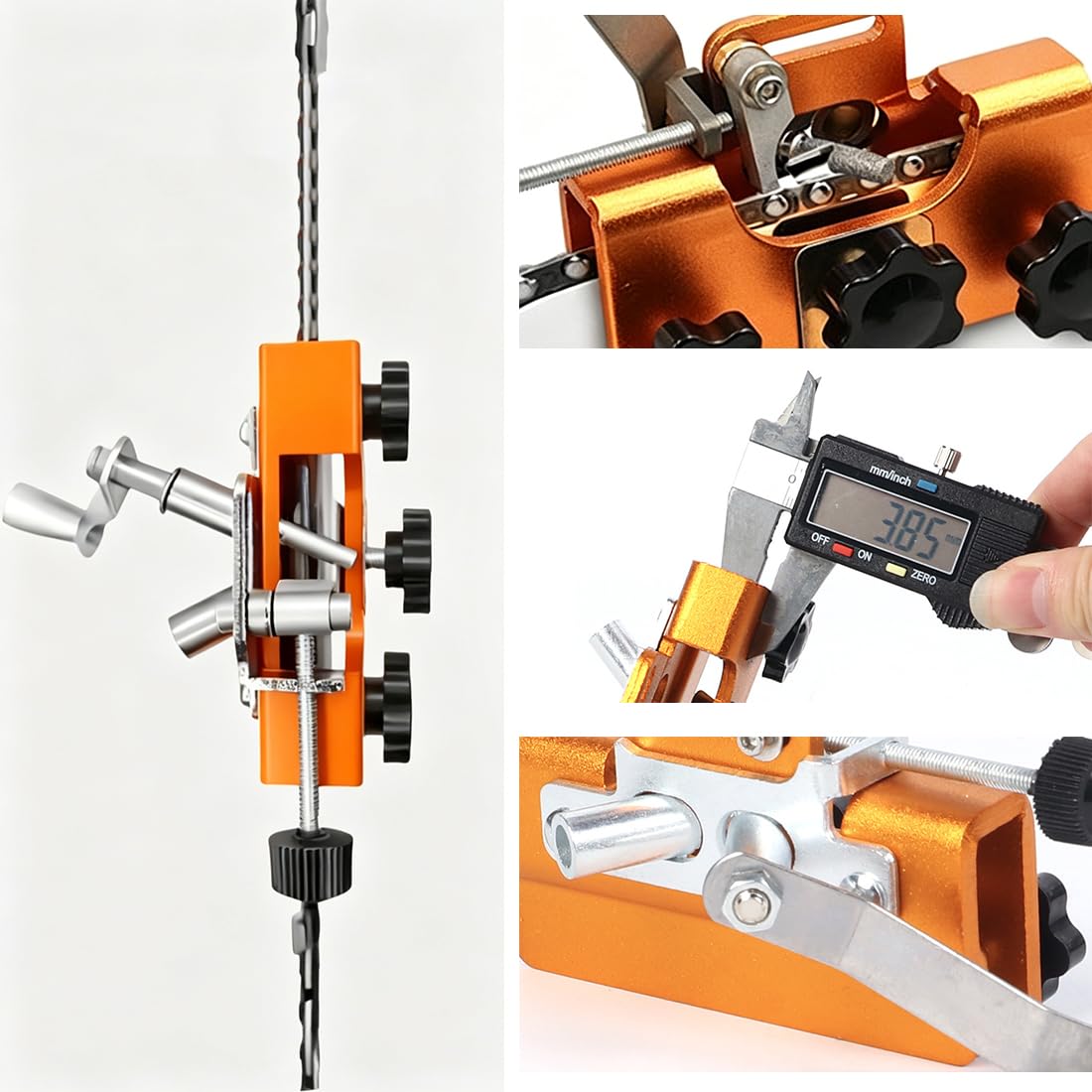 Affilacatene per Motosega a Manovella, Affilatore Catena Manuale Portatile con 3 Pietre 4/5/6 mm, Guida Angolo, Kit Affilatura Catena Motosega