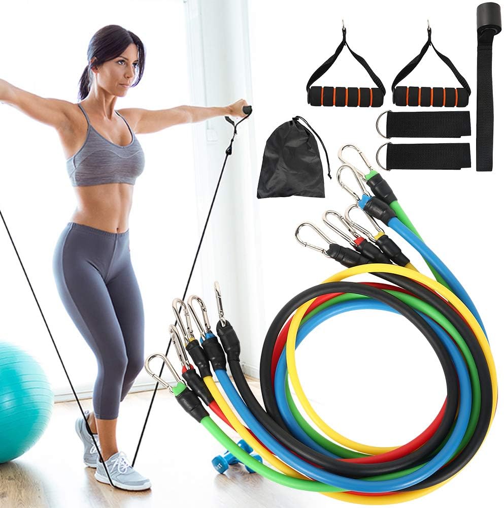 11pcs Exercise Resistance Bands Set,Fitness Strength Tension Bands with 5 Tubes,Hand Grips,Door Anchor,Foot Ring and Storage Bag for Women Yoga,CrossFit, Men Gym,Home Use