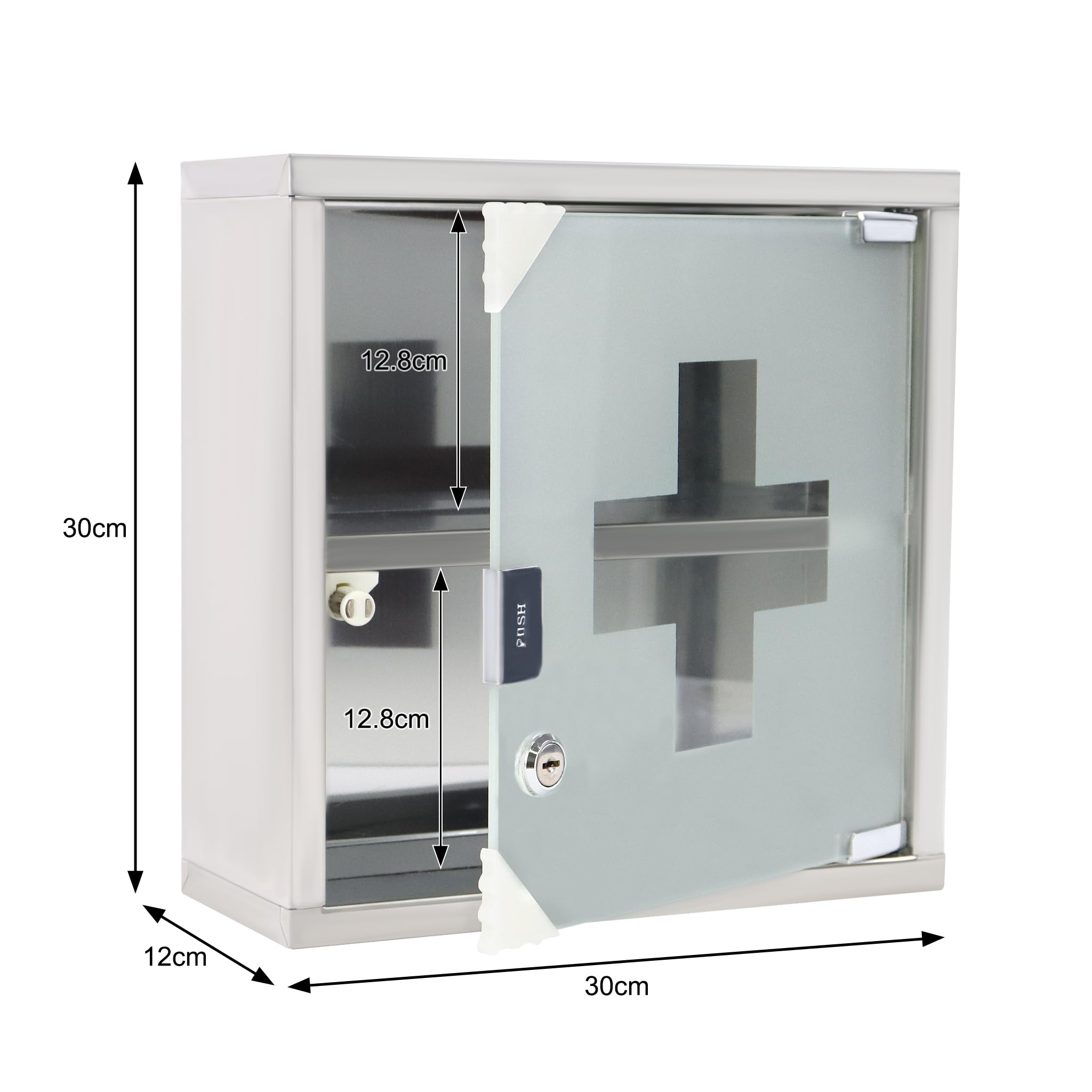 Armoire à pharmacie avec porte en verre et 2 clés, verrouillable, en acier inoxydable, suspendue, 2 compartiments, 30 x 30 x 12 cm