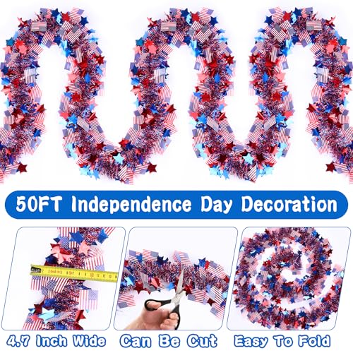 Image of 50FT Patriotic Tinsel Garland 4th of July Decorations, Red White Blue Star American Flag Garland Glitter Patriotic Garland for Fourth July Independence Day Memorial Day Decor Outdoor Indoor Home Party