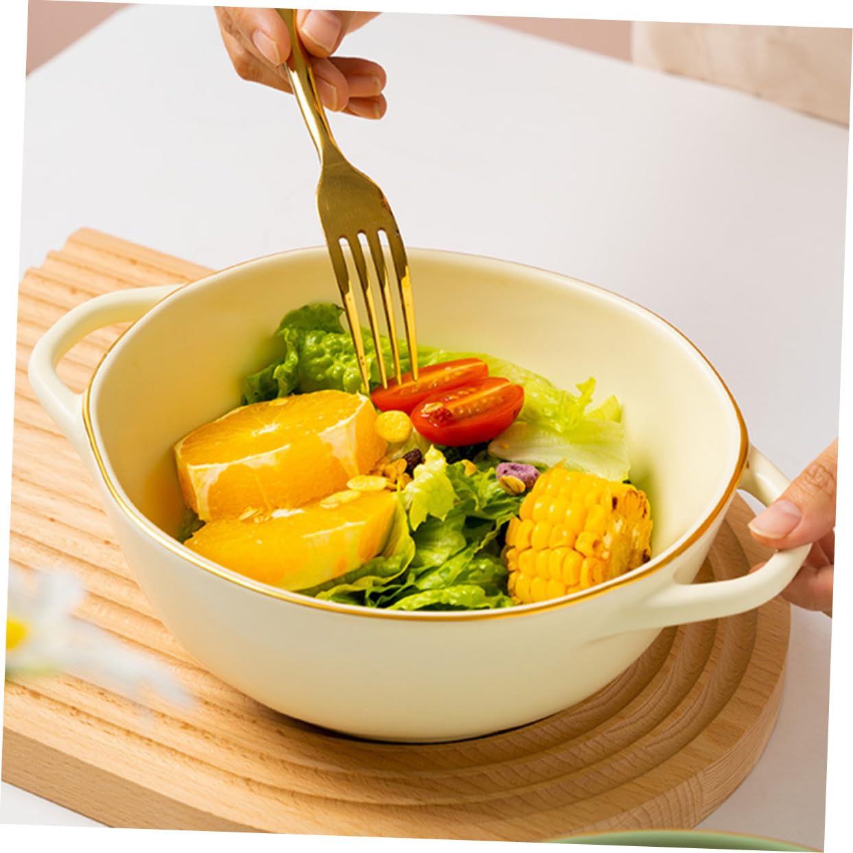 COLLBATH Cuenco de Cerámica Doble Asa 1200ml para Horno y Microondas | Beige, Estilo Simple, Resistente al Calor Óxido, para Sopa, Ensalada y Restaurante