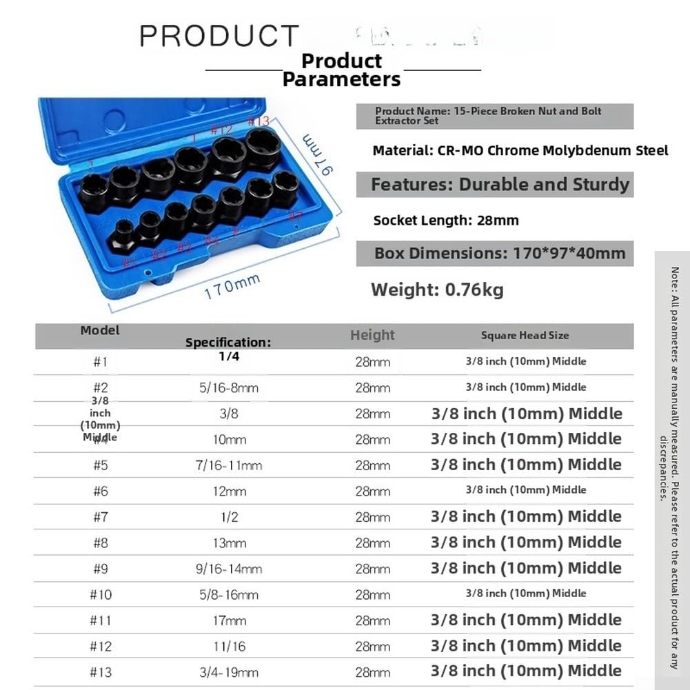 Juego de extractores de tuercas de perno roto con enchufe de extensión de 65 mm, acero de aleación de cromo para tornillos oxidados (B)