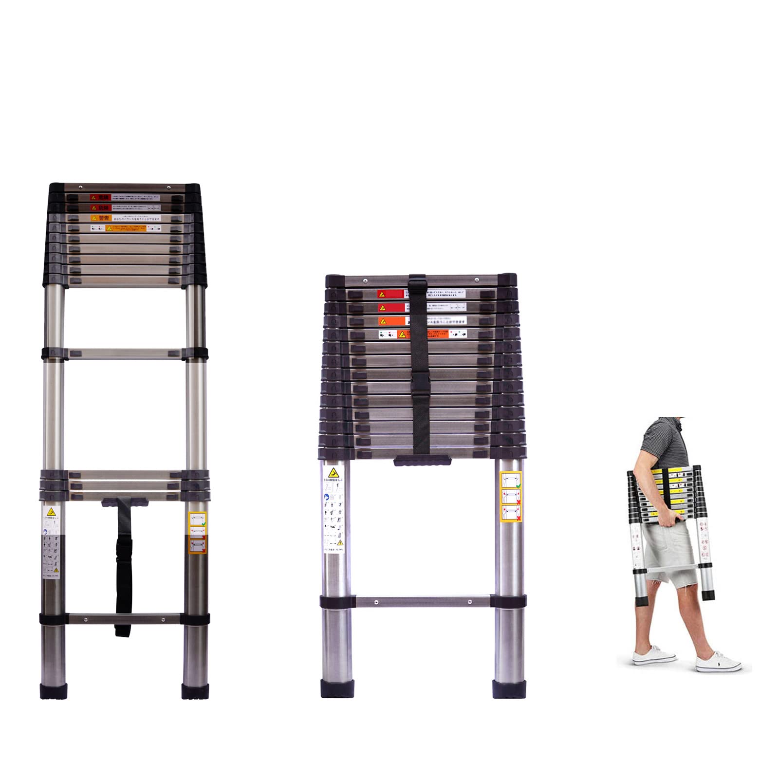 Extension Ladder 12.5ft 3.8M Stainless Steel Telescoping Ladder Home Attic Roof DIY Ladder, 330lbs Max Load, Portable Folding Ladder EN131 Certificated, Adjustable Height Compact Ladder