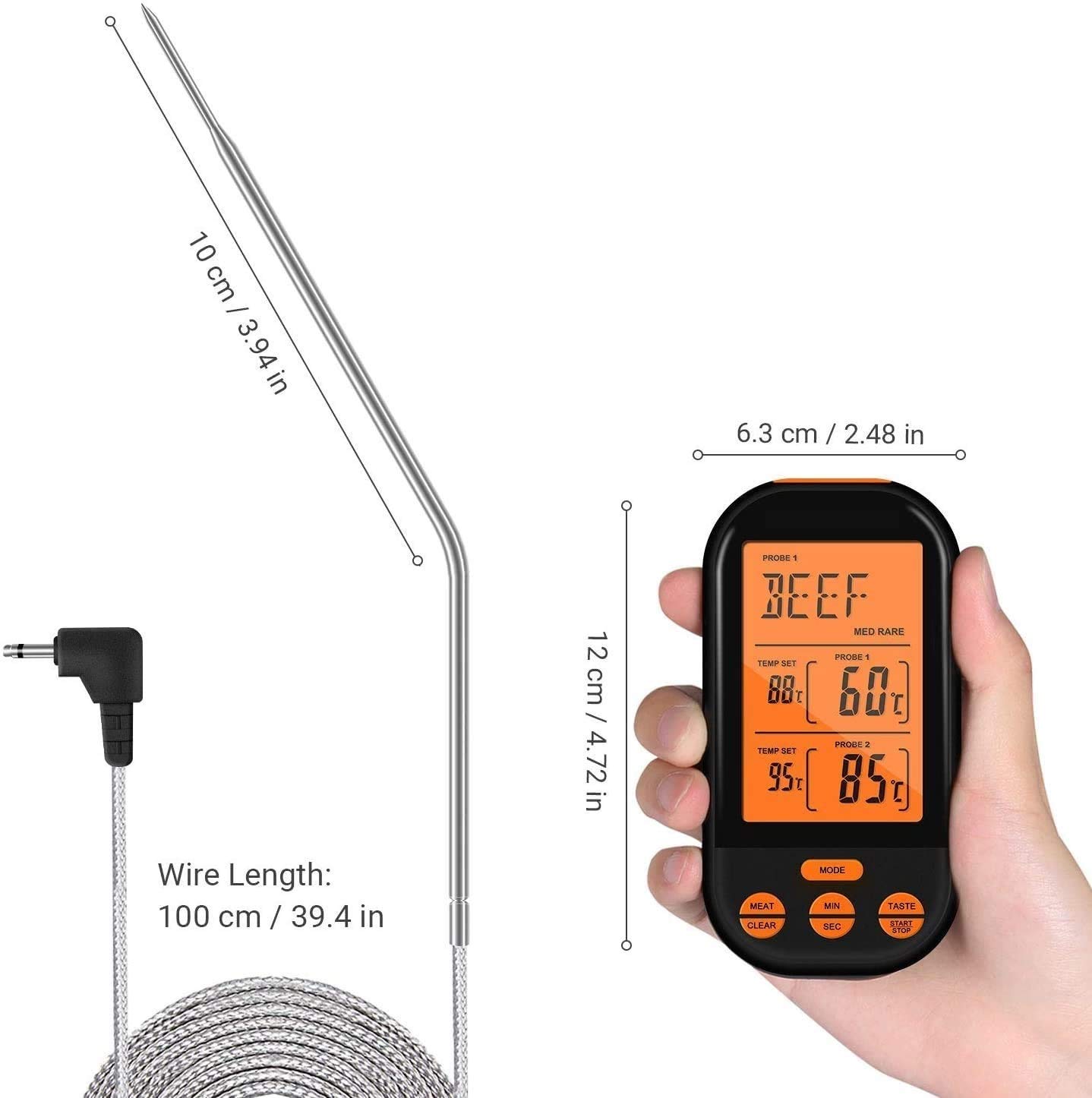 Termómetro de carne de cocción digital de doble sonda LCD grande LCD Luz de retroiluminación Termómetro de la parrilla para el fumador Horno de cocina BBQ, Termómetro de carne de cocción digital remot
