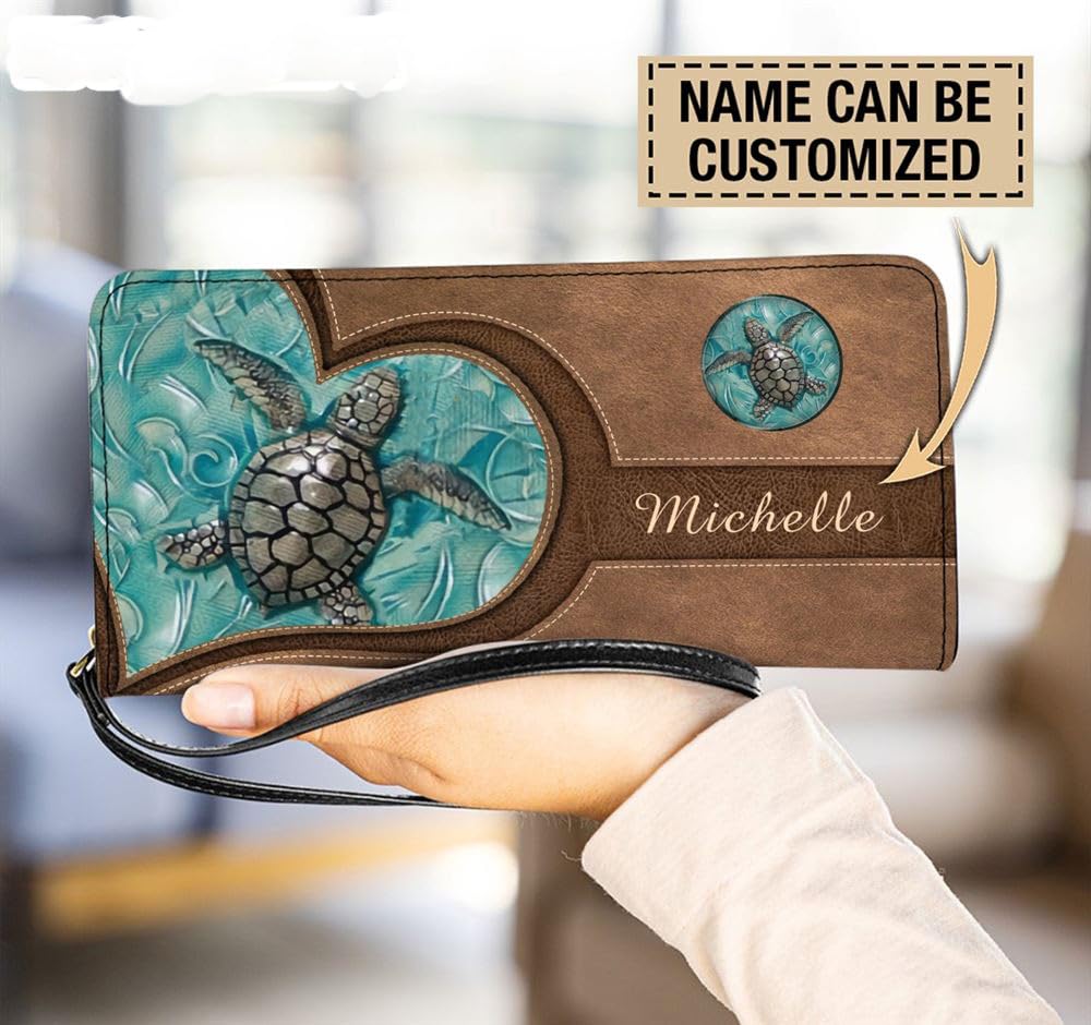 NHN Custom Personalized Sea Turtle Women Leather Wallet, Green Turtle Beach Ocean RFID Blocking Zip Wallet, Pocket Long Ladies Clucth Wristlet, Gift for Girl (Turtle 2), Brown, MT2368