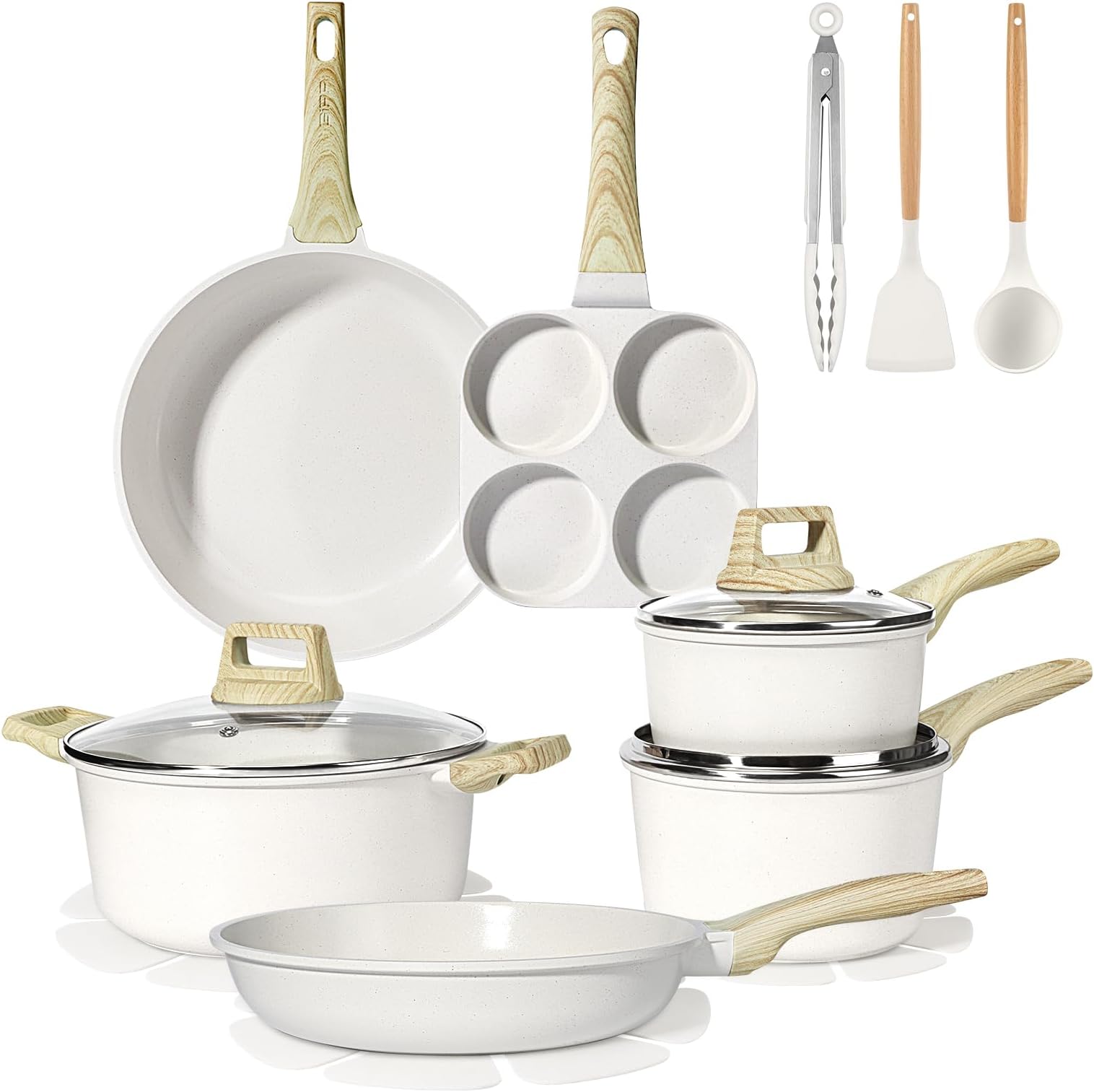 Ceramic Coating Pots and Pans Set Non Stick - 17Pcs Nonstick Cookware Set, Non-toxic Healthy Kitchen Cooking Set w/Frying Pans Set, Dishwasher Safe, PFAS PTFE PFOA PFOS Free (White)