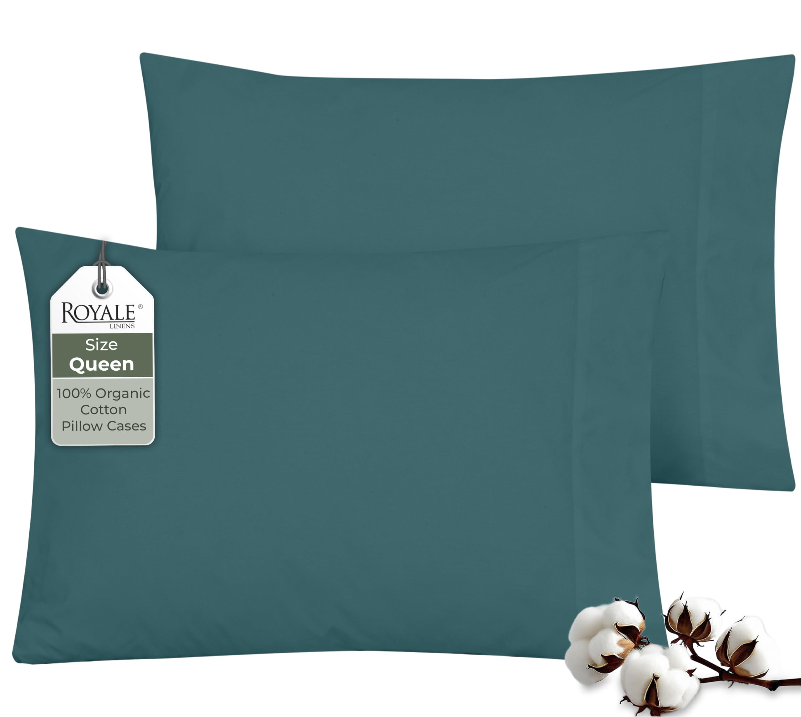 ROYALE LINENS 100% Organic Cotton Percale Pillowcases Set of 2 - Queen Size Percale Pillowcase - Queen Set of 2 Pillow Cover - Breathable, Cool &amp; Crisp Pillow Cases (20"x30", Teal)