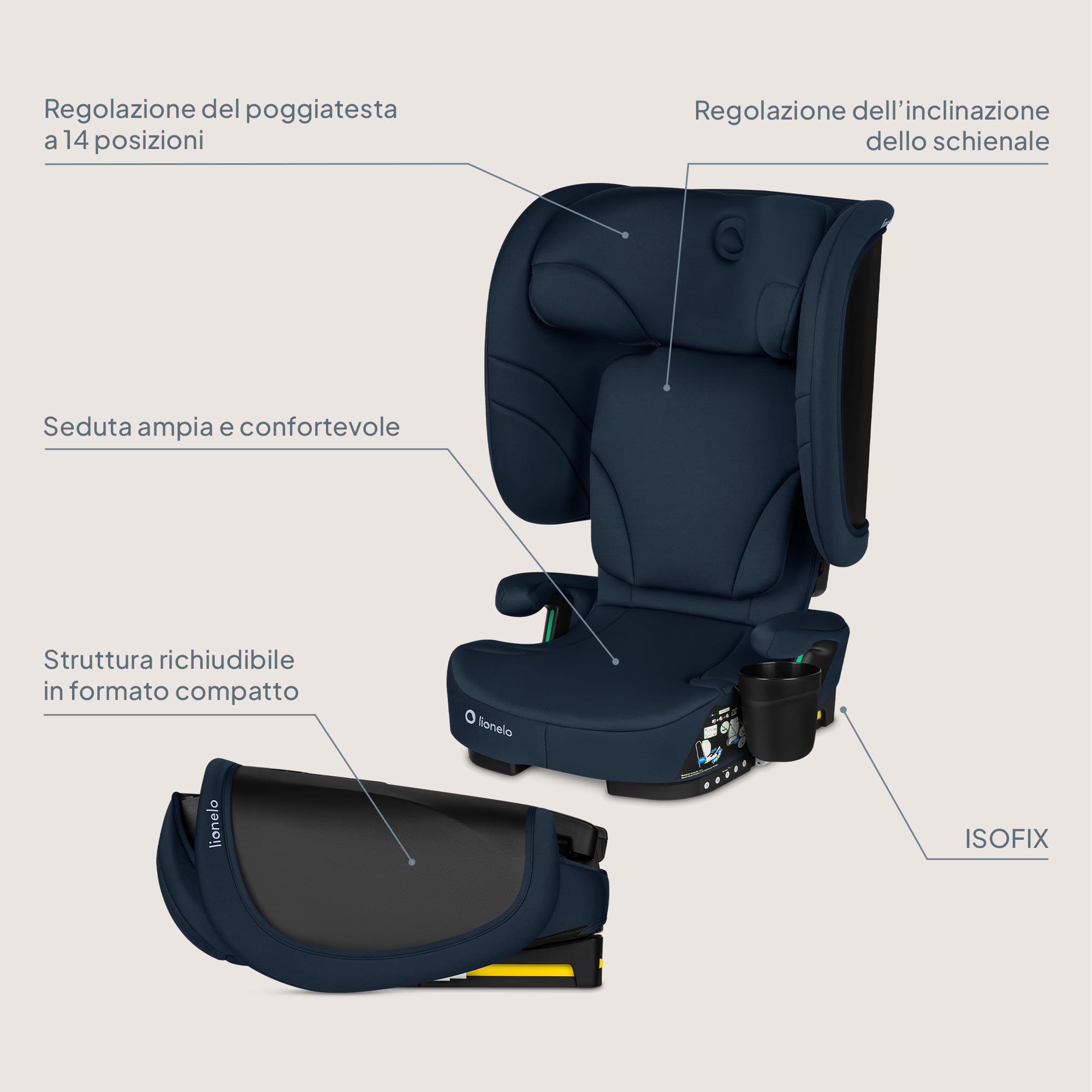 Lionelo Seggiolino Auto Pieghevole ORIN I-SIZE con ISOFIX per bambini 3,5-12 Anni, Reclinabile 4 Posizioni, Poggiatesta 14 Posizioni, Sfoderabile Lavabile, Borsa e Portabicchiere, i-Size 100-150 cm