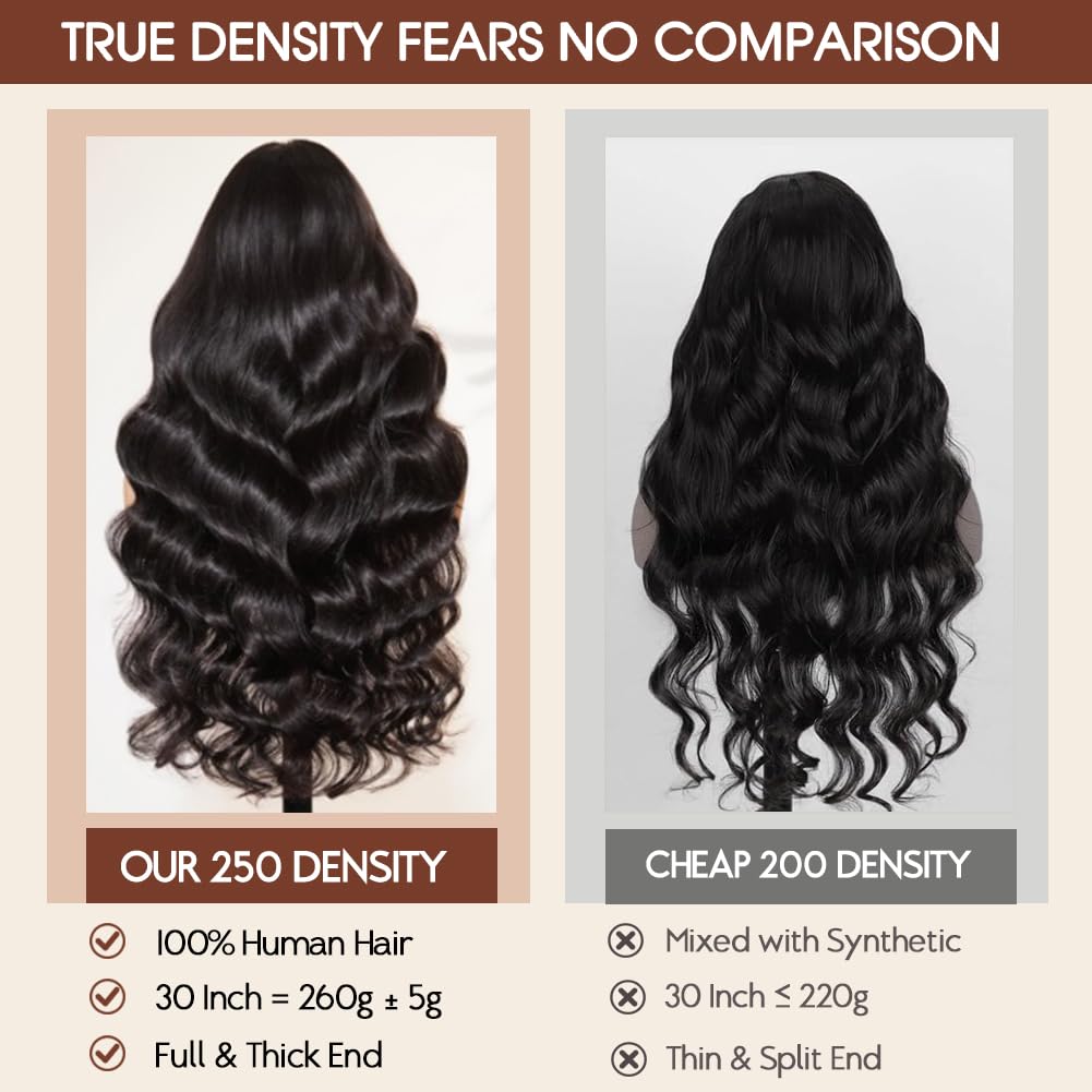 CUTE BEIN 250 Density 30 Inch Lace Front Wigs, 100% Human Hair,[2-Year Life,260g], 13x6 Body Wave HD Transparent Lace Frontal Wigs for Black Women, Glueless Wigs Pre Plucked with Baby Hair