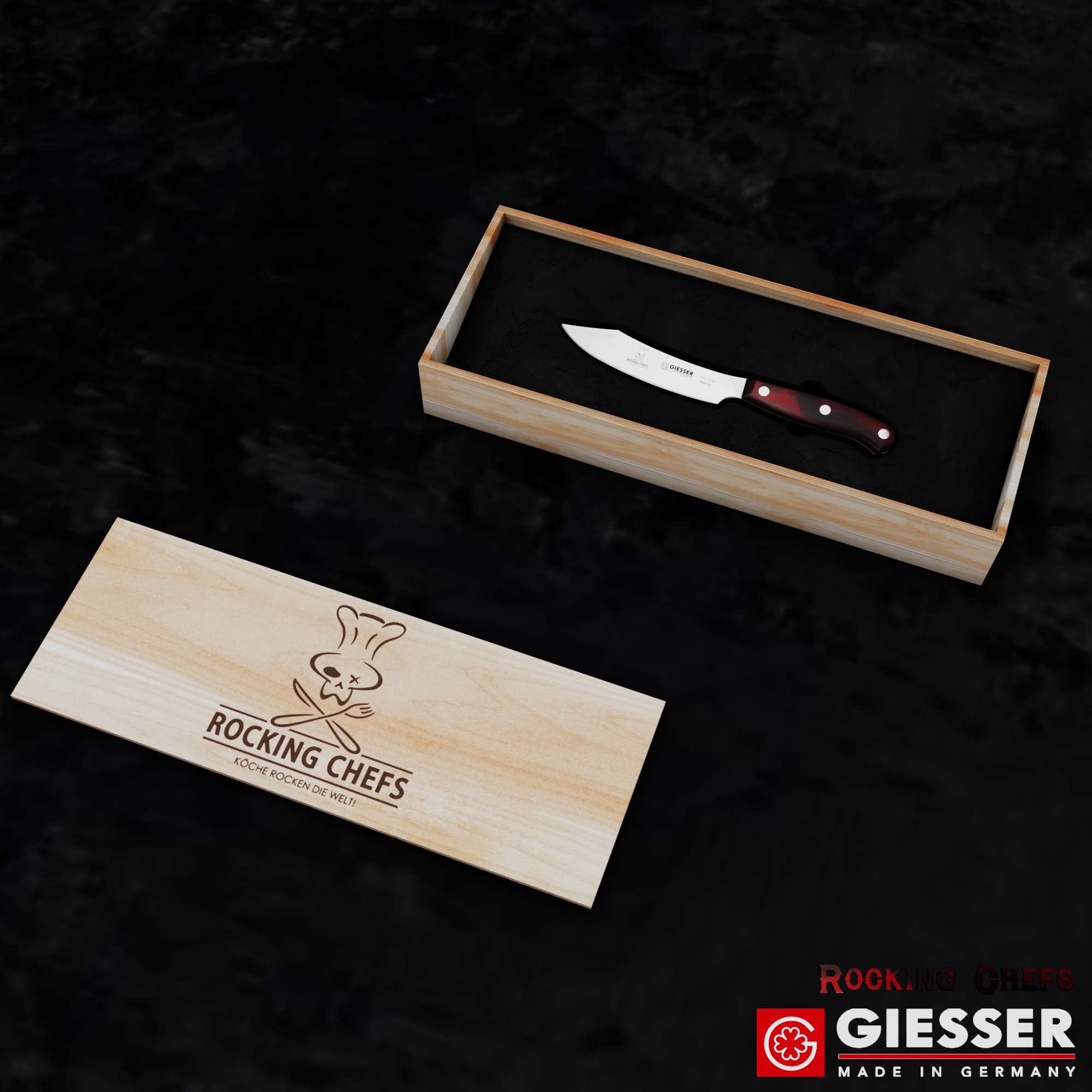 Giesser seit 1776 - Made in Germany - Spickmesser 10 cm Rocking Chefs, PremiumCut Office No 1, Officemesser, Micarta, rot, genietet, rostfrei, deutsches Grillmesser scharf