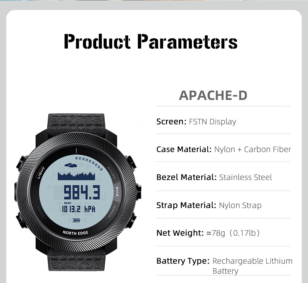 NORTH EDGE Apache D Montre de plongée pour homme 50 m Ordinateur de plongée libre boussole numérique altimètre, baromètre, compteur de pas, montre étanche pour sport, randonnée, escalade, grand écran