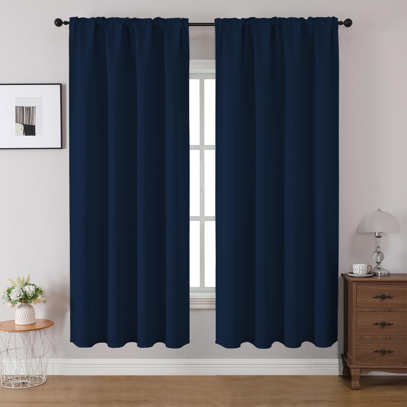 CUCRAF Blackout Curtains 63 inches Long 2 Panels Set for Bedroom, Navy Blue Rod Pocket Room Darkening Curtain for Living Room, Thermal Insulated