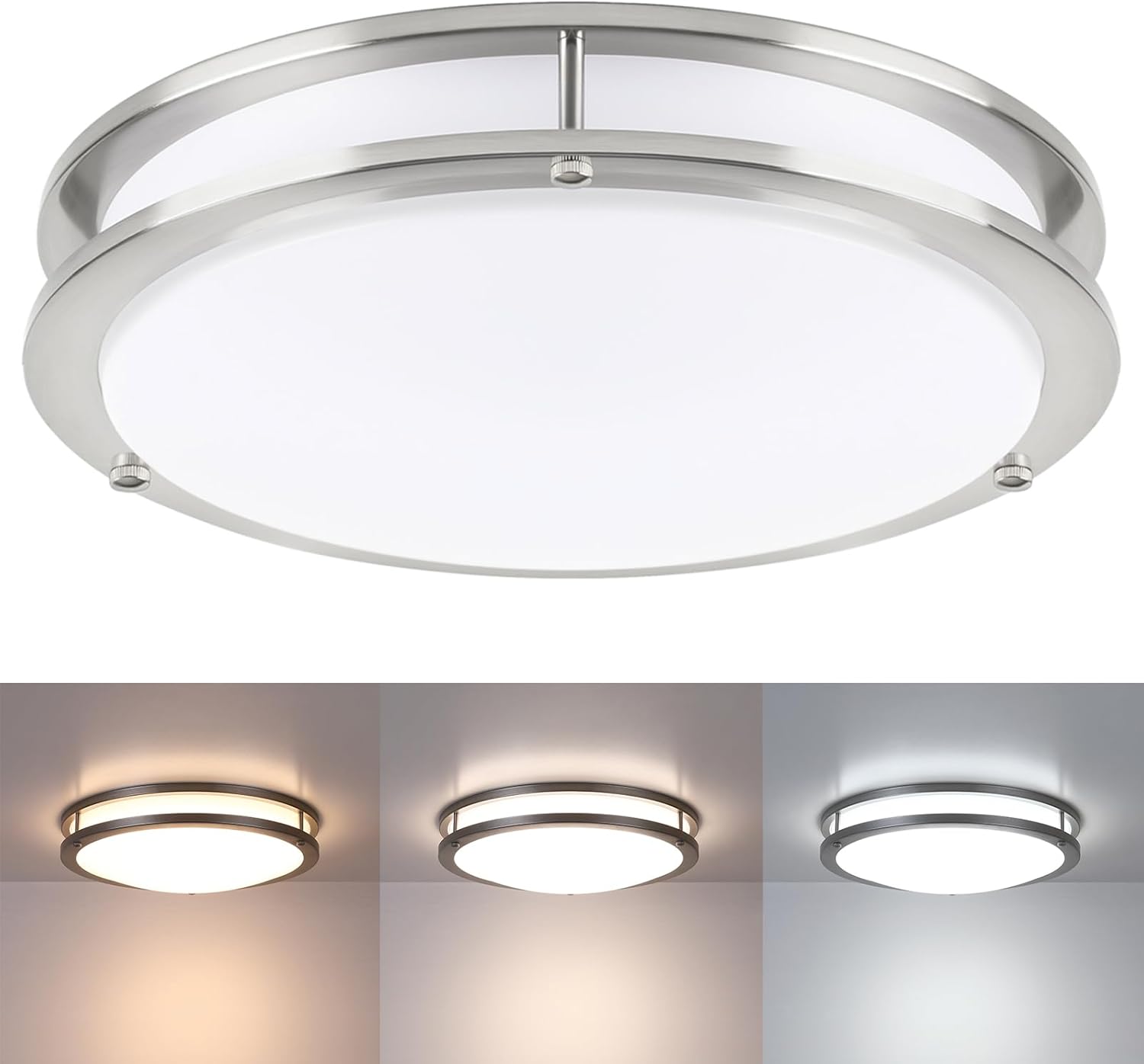 Photo 1 of  16” Brushed Nickel Flush Mount Ceiling Light Fixture - 16 Inch Brushed Nickel LED Ceiling Light 3000K/4000K/5000K Color Changing Modern Bathroom Fixture for Bedroom,25W 