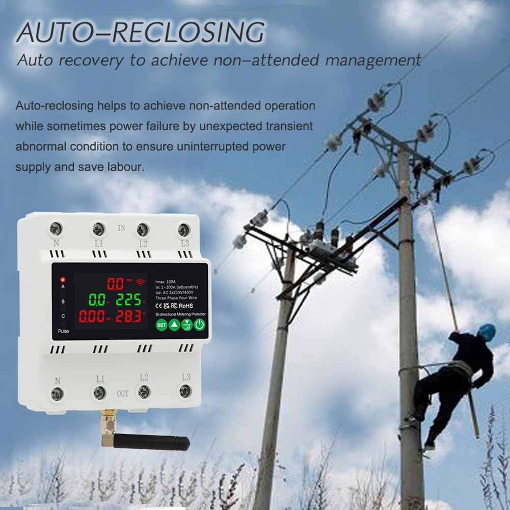Medidor de EnergíA Inteligente Bidireccional con WiFi, 3 Fases, 4 Cables, 380 V, 100 A, KWh, ReconexióN AutomáTica, Protector SobretensióN y SobretensióN