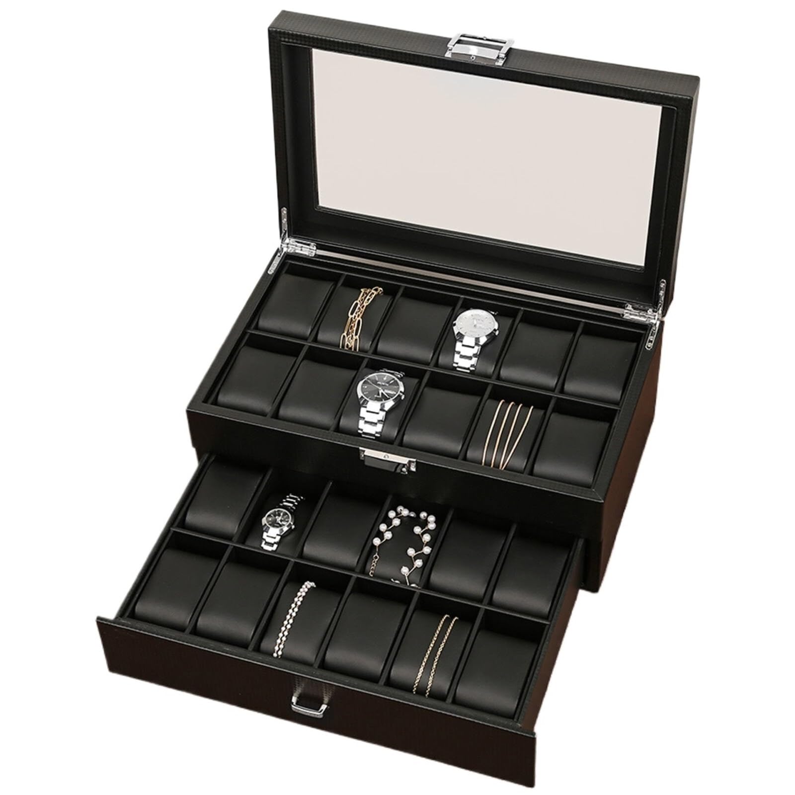 Generisch Boîte à montres pour homme à 24 emplacements avec dessus en verre et tiroir de valet, étui de rangement verrouillable en fibre de carbone
