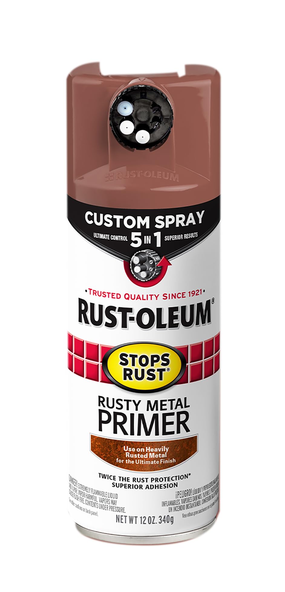 Rust-Oleum 384755 Stops Rust Custom Spray 5-in-1 Rusty Metal Primer Spray, 12 oz, Flat Brown