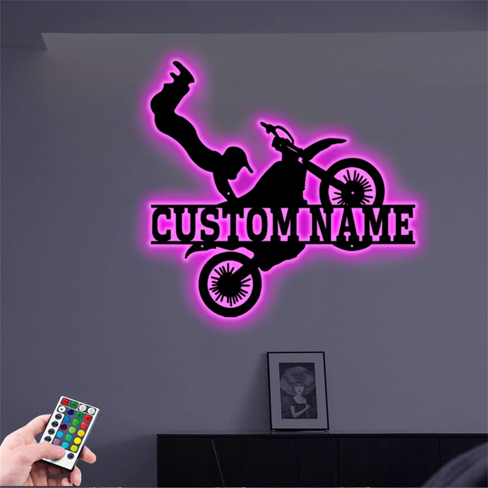 Placa de letrero de motocicleta con nombre personalizado con luces de motocross RGB luz nocturna jinete decoración de pared arte para habitación de niños