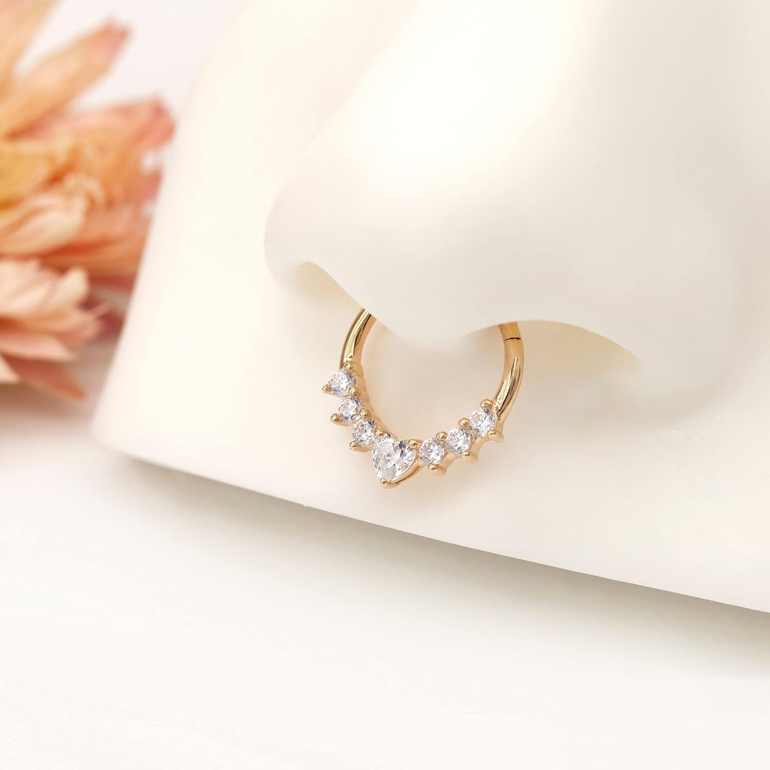 14K Solid Gold Septum Ring, Cartilage Earrings Hoop for Women, Heart CZ, 16G 8mm/10mm Nose Rings Hoop, Daith, Helix, Tragus Piercing Jewelry, Hypoallergenic