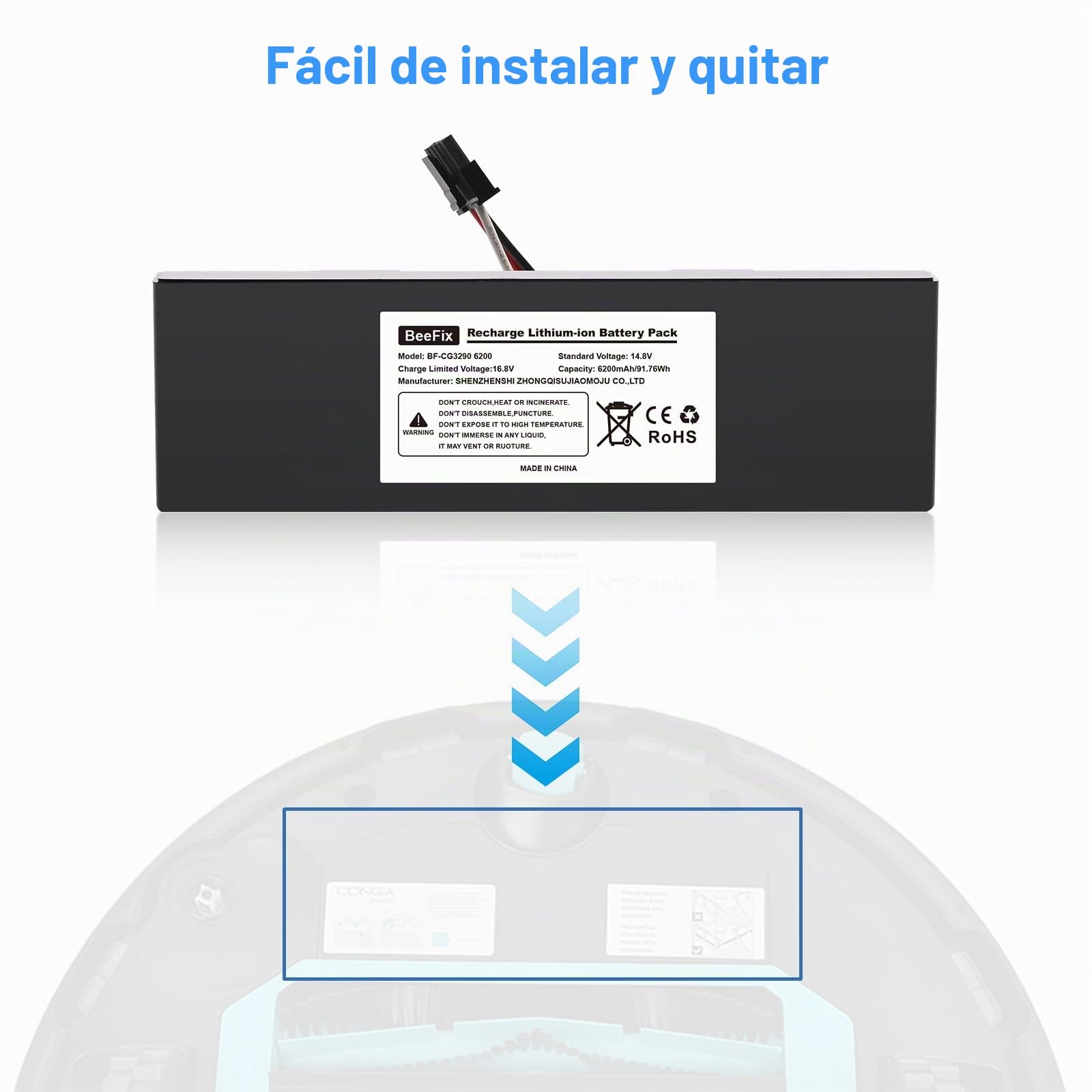 Batería de repuesto de 6200mAh para Conga 3290, 3390, 3490, 3590, 3690, 3790 y 3890 14.8V Li-ion Batería de aspiradora de vacío robótico