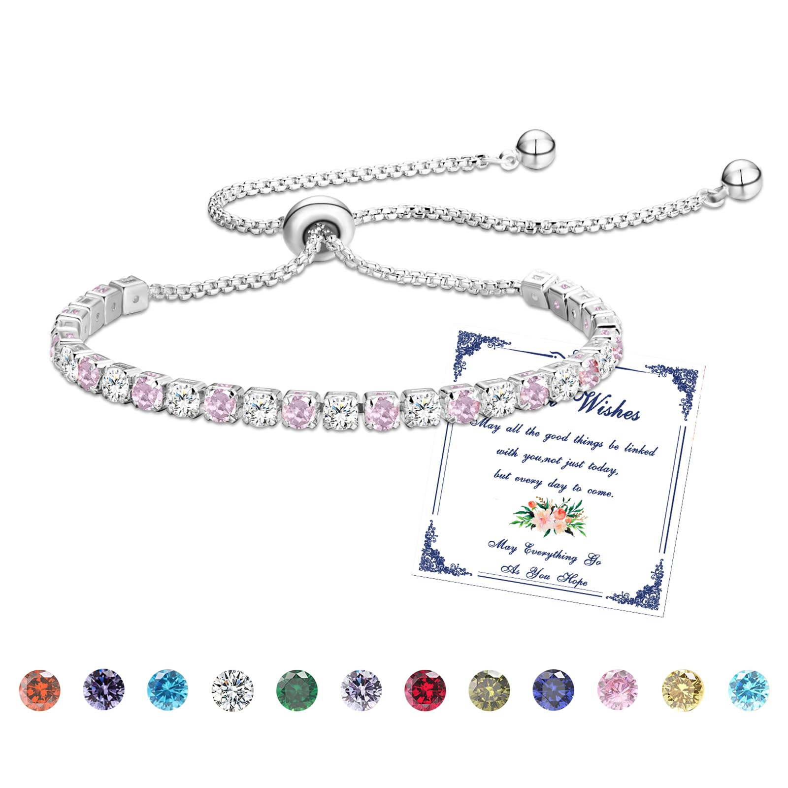 Esmoly Bracciale Donna Argento Bracciale Tennis con 12 Colori di Pietre Natali e 5A Sparkle Zircone Regolabile Regalo Compleanno Donna Ragazza
