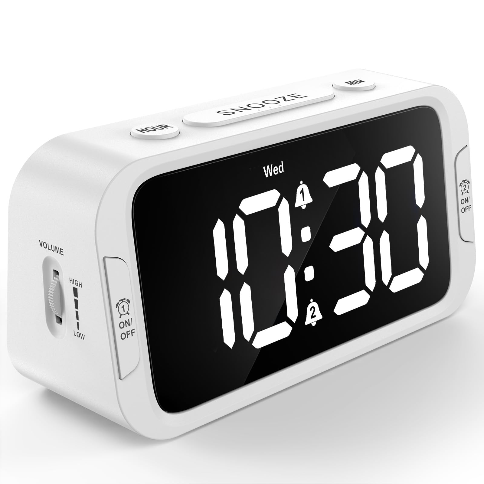 Odokee Digital Dual Alarm Clock for Bedroom, Easy to Set, 0-100% Dimmer, USB Charger, 5 Sound Adjustable Volume, Weekday/Weekend Mode, Snooze, 12/24Hr, Battery Backup, Compact Clock for Bedside(White)