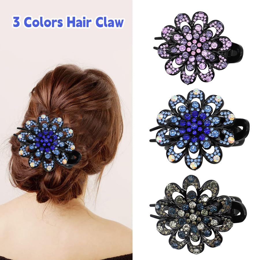 Shimmering Crystal & Rhinestone Flower Hair Clips - 3 PC Vintage Duckbill and Ponytail Clip Set, Elegant Barrettes Hair Accessories for Women