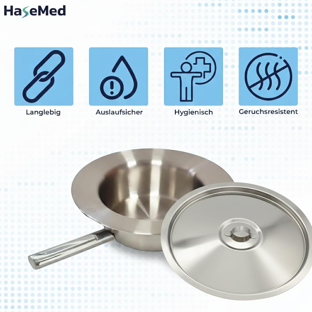 HaseMed Steckbecken mit Deckel – Edelstahl, 31 cm, 1 Stück – Hygienisches Pflegebett-Zubehör für Klinik & Zuhause – Wiederverwendbar, rostfrei & leicht zu reinigen – Bettpfanne für Erwachsene