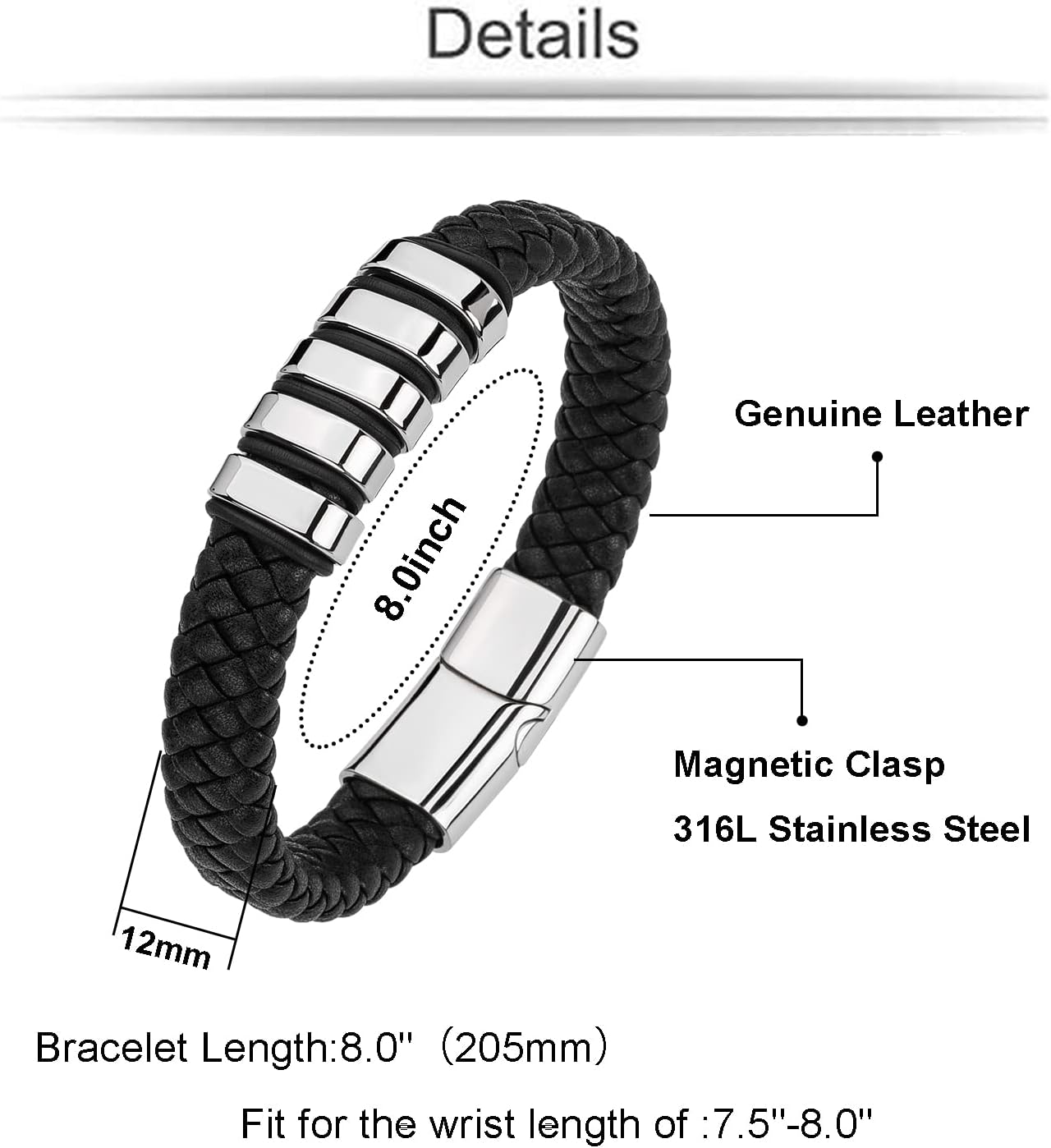 Leather Bracelet for Men Braided Cuff Wristband Stainless Steel Clasp in Silver and Gold Jewellery Gift - Image 4