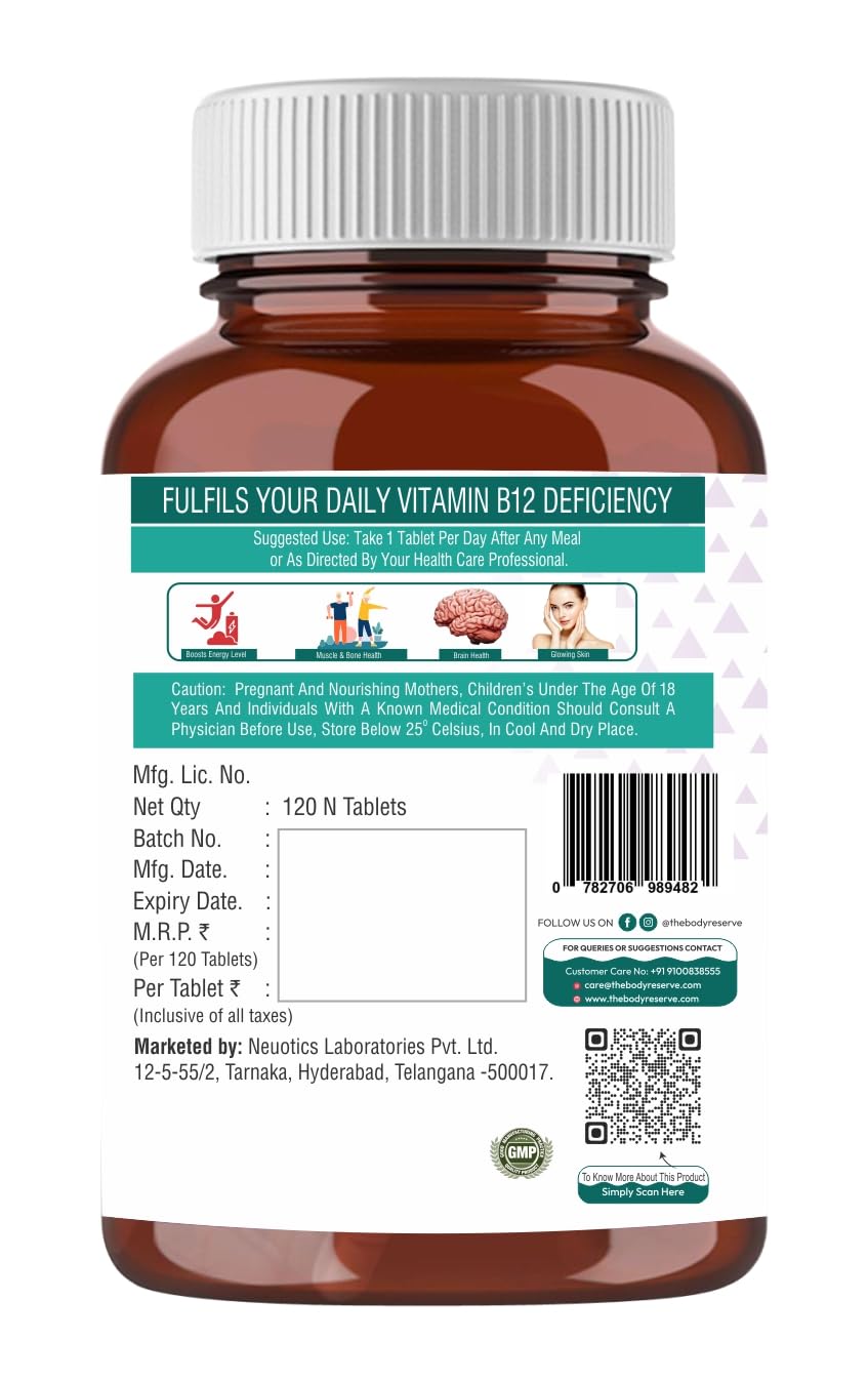 THE BODY RESERVE Vitamin B12 Tablets 1500 mcg as Methylcobalamin Vitamin B12 Supplements for Men & Women -120 Veg tablets (4 Months Supply Pack) — Amazon image 8