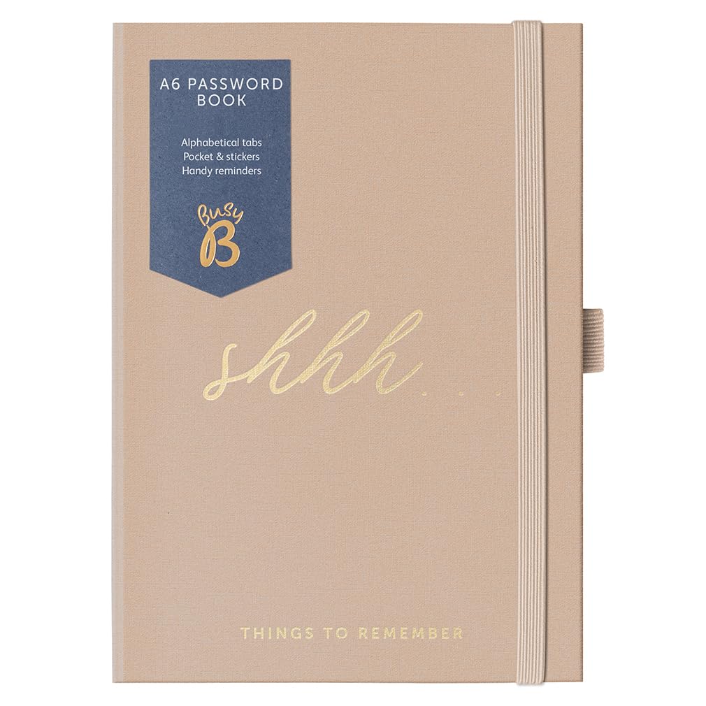 Busy B Password Book - Caramel Fabric Cover – All your Internet Passwords in One Place - Store a Maximum of 186 Internet Login Details - Compact & Discreet Design with A-to-Z Index & Elastic Closure