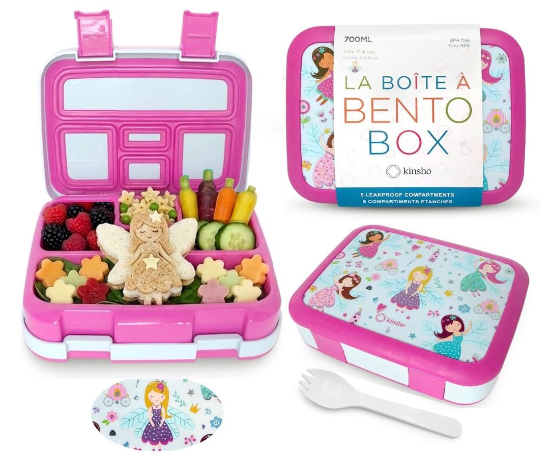 kinsho Bento Lunch Box Container for Small Kids Girls, Pink Fairy Princess