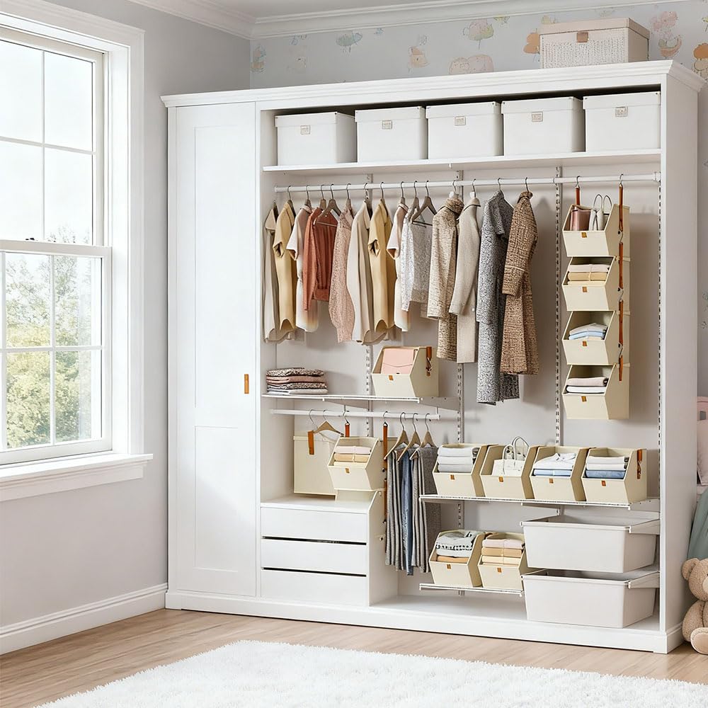 Organizador de Armario Colgante de 4 Niveles, Beige, Sistema de Almacenamiento Modular con 8 Ganchos, Estantería de Tela para Ropa y Accesorios, 26x31x120cm (Beige)