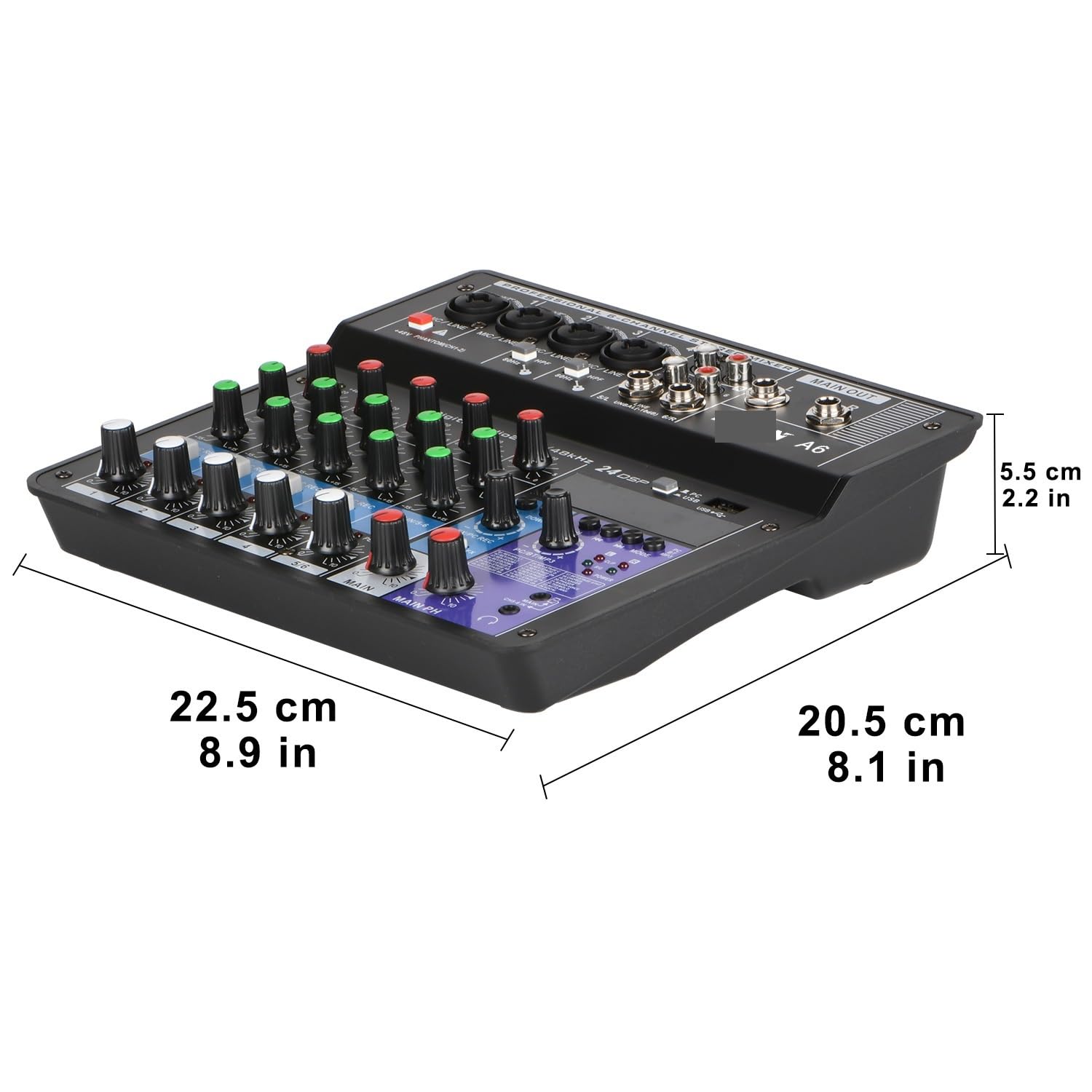 Mikser dźwięku, 6-kanałowy mikser audio 48 V 24 efekty DSP Wejście USB Bluetooth 3,5 mm