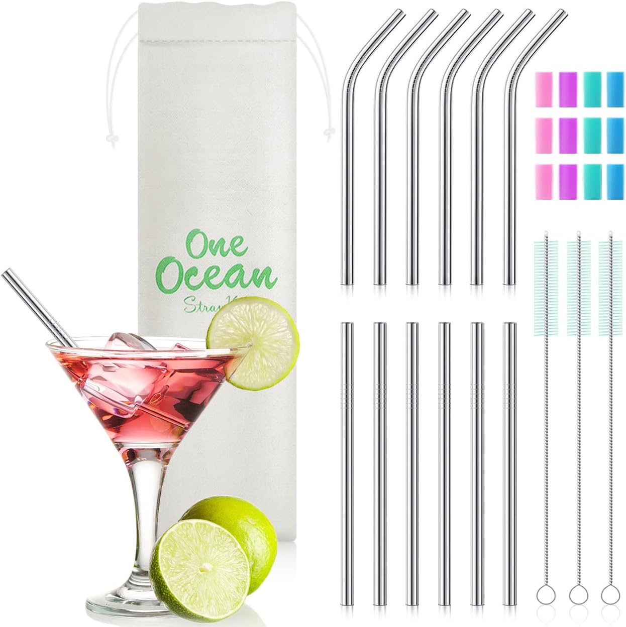 Teivio 12 Pcs 5-inch Extra Short Reusable Stainless Steel Drink Straws, 6 Straight & 6 Bent Straws with 3 Cleaning Brush, for Cocktails or Small Glasses (Silver)