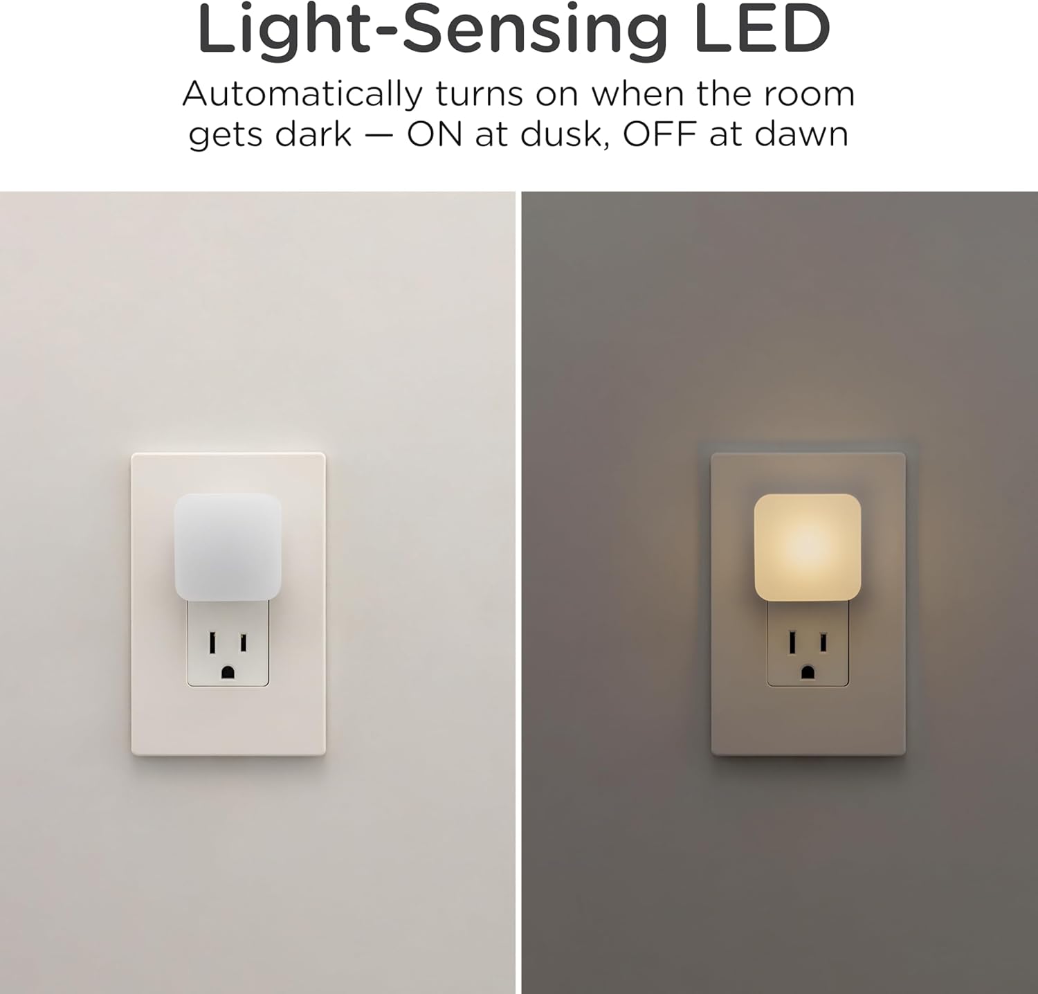 Lights by Night Mini Square LED Night Light, Plug in, Dusk to Dawn Sensor, Warm 3000K, Compact Single Outlet Design (Doesn’t Block 2nd Outlet), Ambient Lighting, Bedroom, Bathroom, 2 Pack, 82487