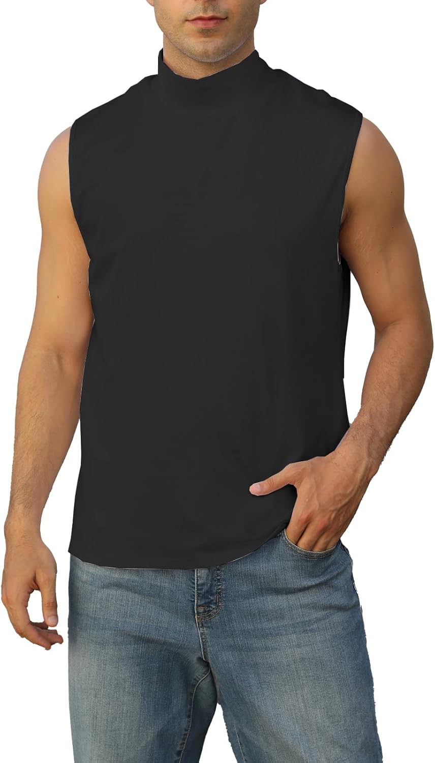 Mens Mock Turtleneck Tee Shirts Sleeveless Casual Basic Slim Fit Knitted Pullover Tank Tops - Image 4