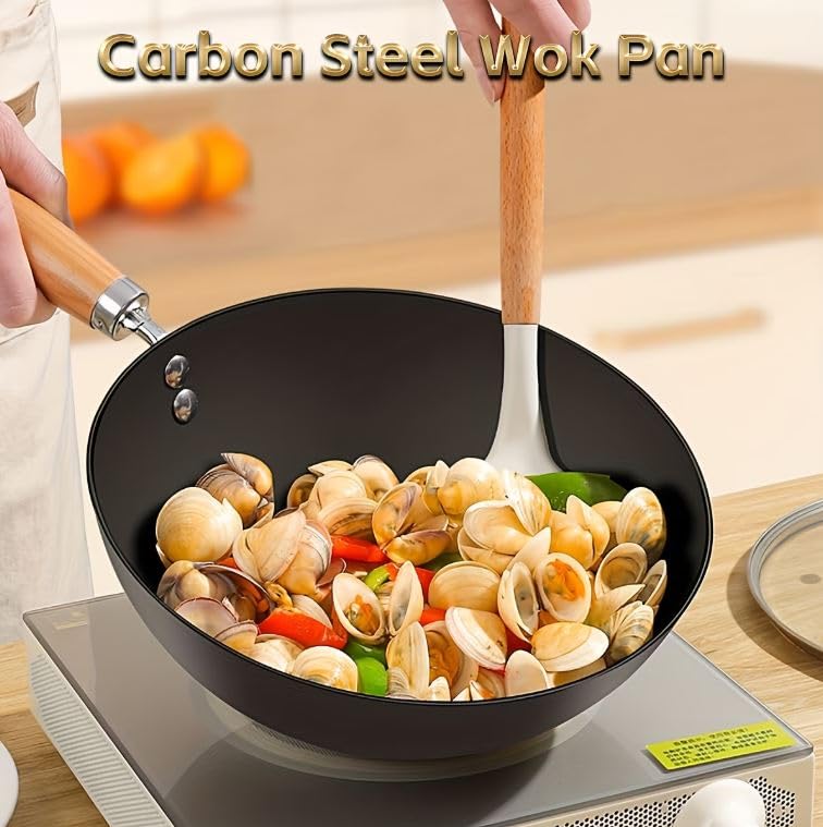 Image of Lucario Carbon Steel Wok Wok Pan, Non-Stick Surface Woks & Stir-Fry Pans Pre-Seasoned Chinese Wok Pan for Induction, Electric, Gas Stoves Cooking (26CM,10.2 inch)