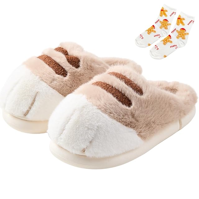 Cat Paw Slippers for Women 2025 New Cute Furry Paws House Slipper Winter Warm Fluffy Furry Funny Plush