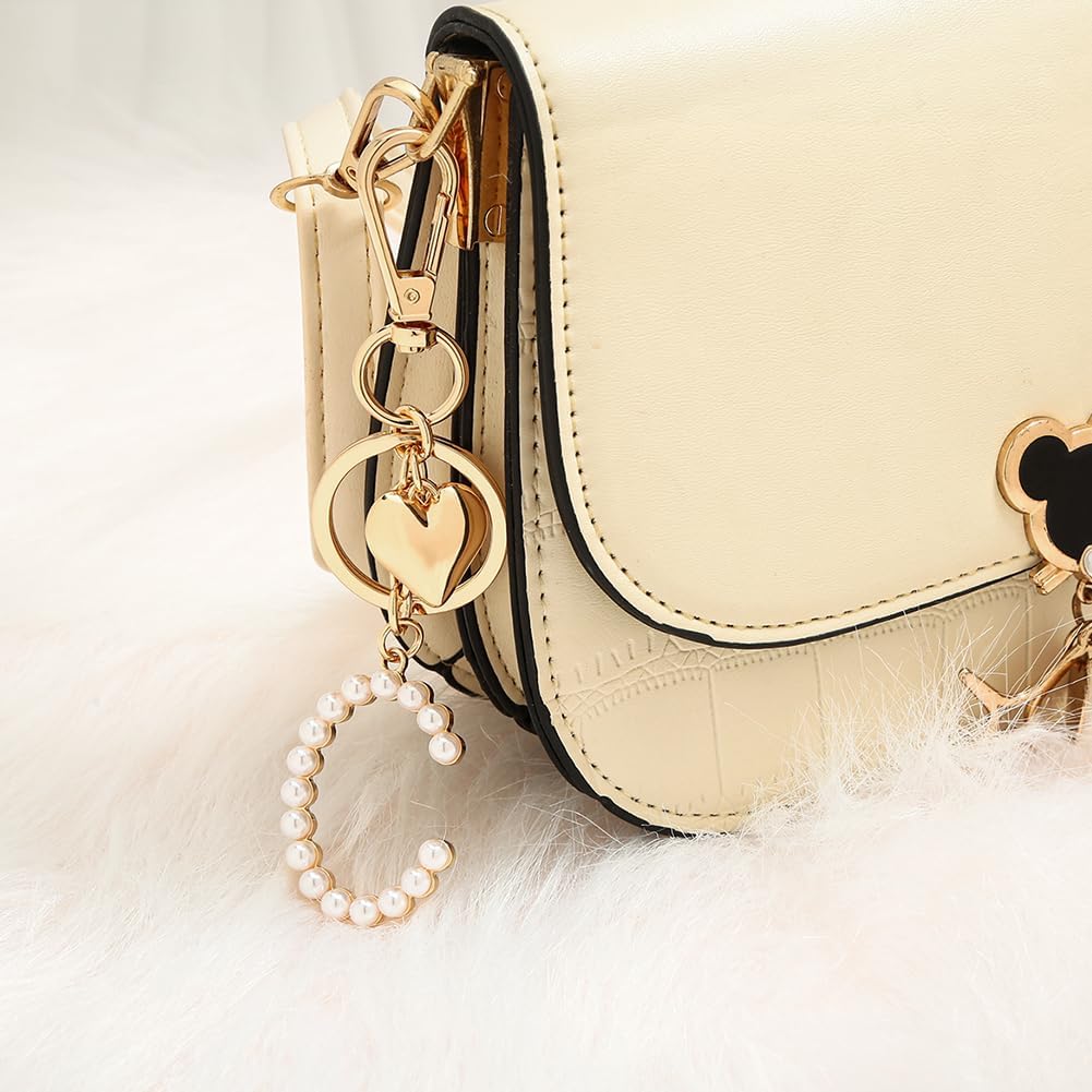 Initial Letter Keychains For Women Gold Heart And Pearl Alphabet Bag Charms Purse Accessories Gift - Image 6