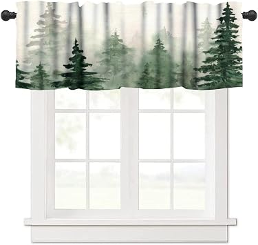 Green Forest Valance Curtains for Living Room, Retro Watercolor Pine Tree Woodland Yellowed Paper Texture Decor Window Treatments, Drapes for Bathroom Bedroom Kitchen, 54x18in 1P